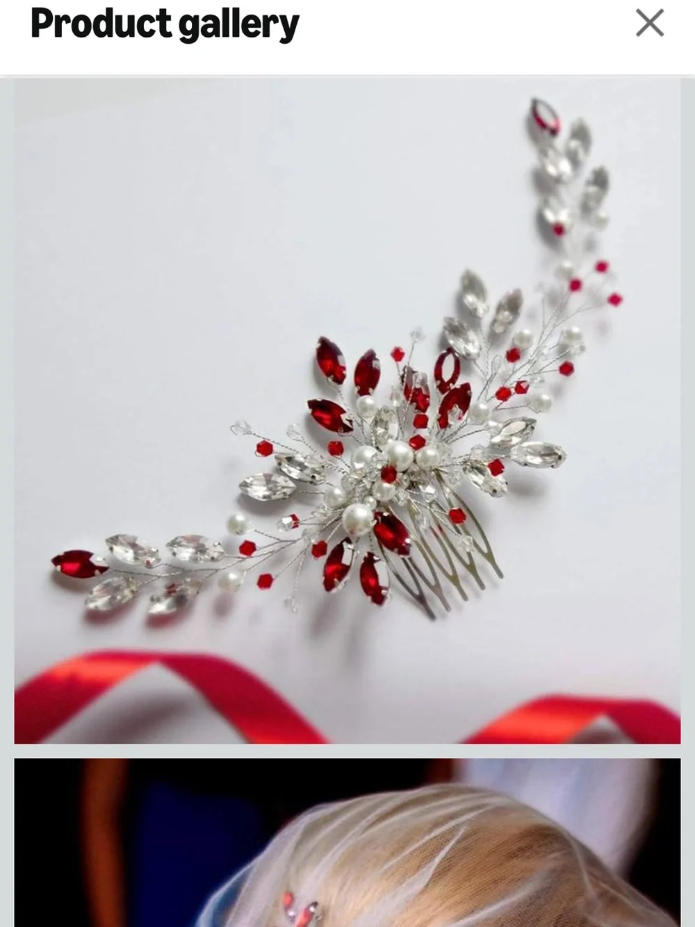 Amazon Red and Silver Bridal Hair Comb with Pearls and Crystals